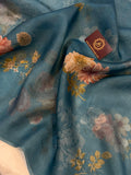 Pure Banarasi handloom Kora silk saree by Aura Benaras featuring floral digital print, designer borderless design, and a matching Chiniya silk blouse piece—perfect for festive and elegant occasions.