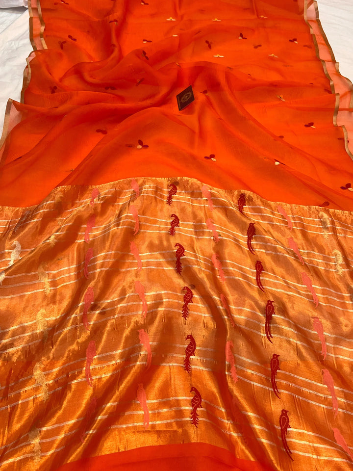 Orange Pure Kora Silk Handloom Banarasi Saree
