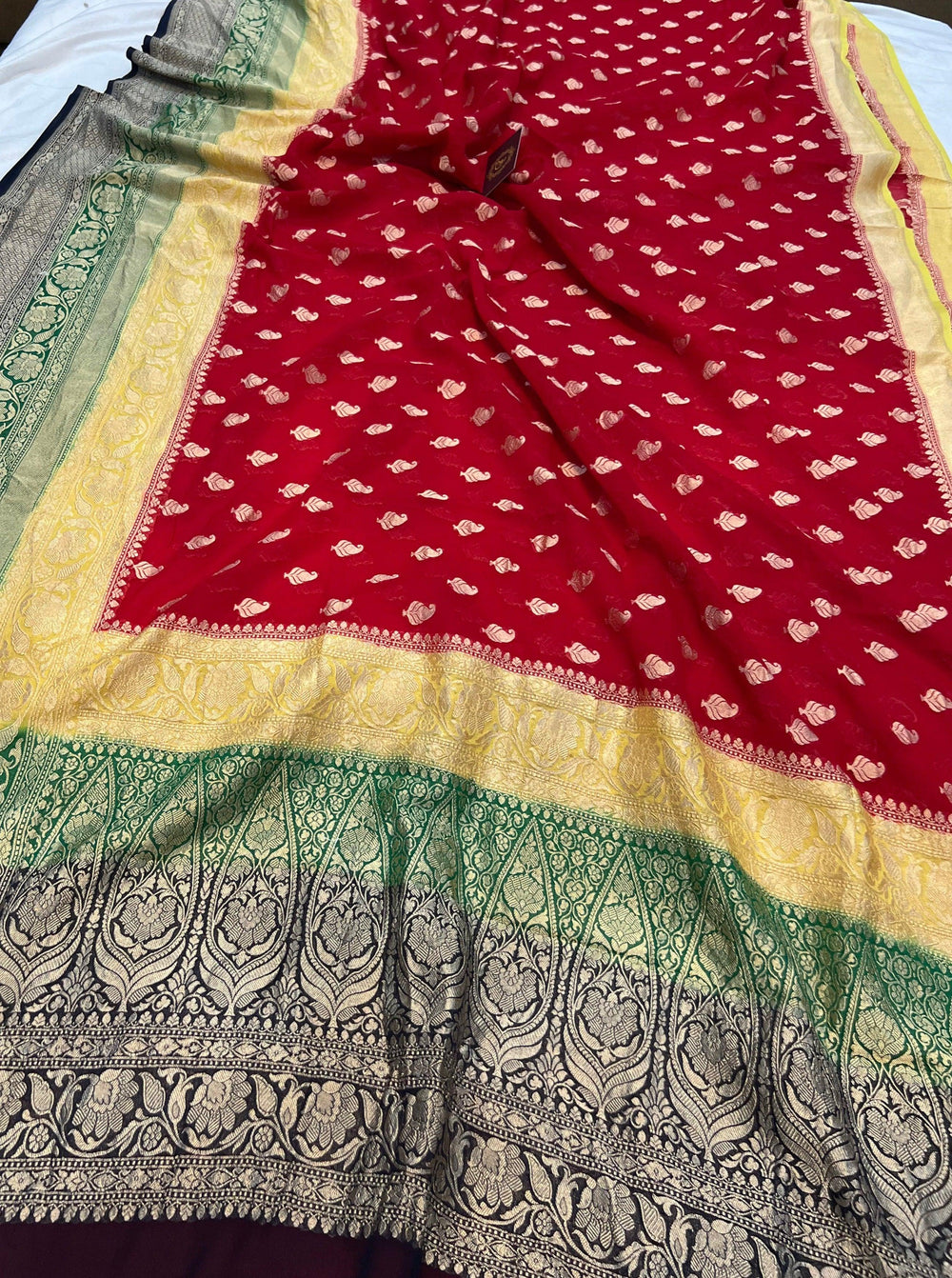 Red Banarasi Pure Khaddi Georgette Saree - Aura Benaras