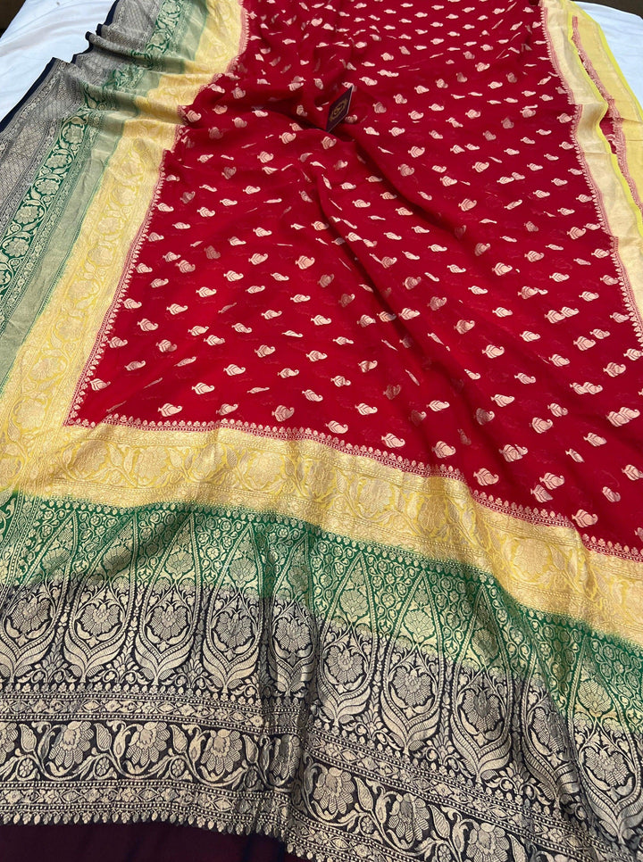 Red Banarasi Pure Khaddi Georgette Saree - Aura Benaras