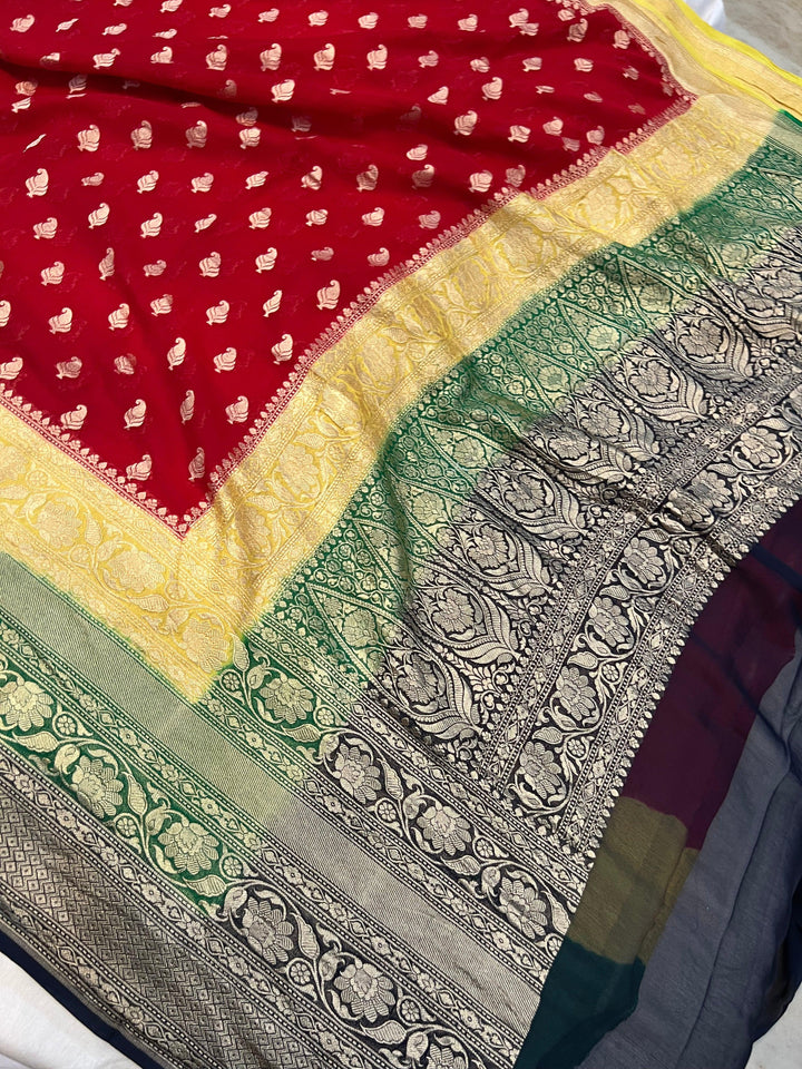 Red Banarasi Pure Khaddi Georgette Saree - Aura Benaras