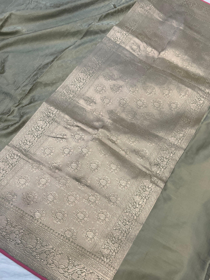 Grey Pure Banarasi Handloom Katan Satin Silk Saree - Aura Benaras