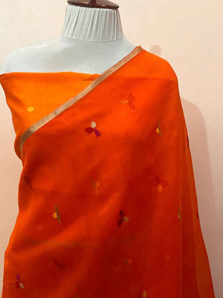 Orange Pure Kora Silk Handloom Banarasi Saree