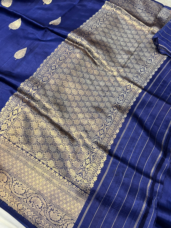 Navy Blue Pure Banarasi Handloom Silk Saree - Aura Benaras