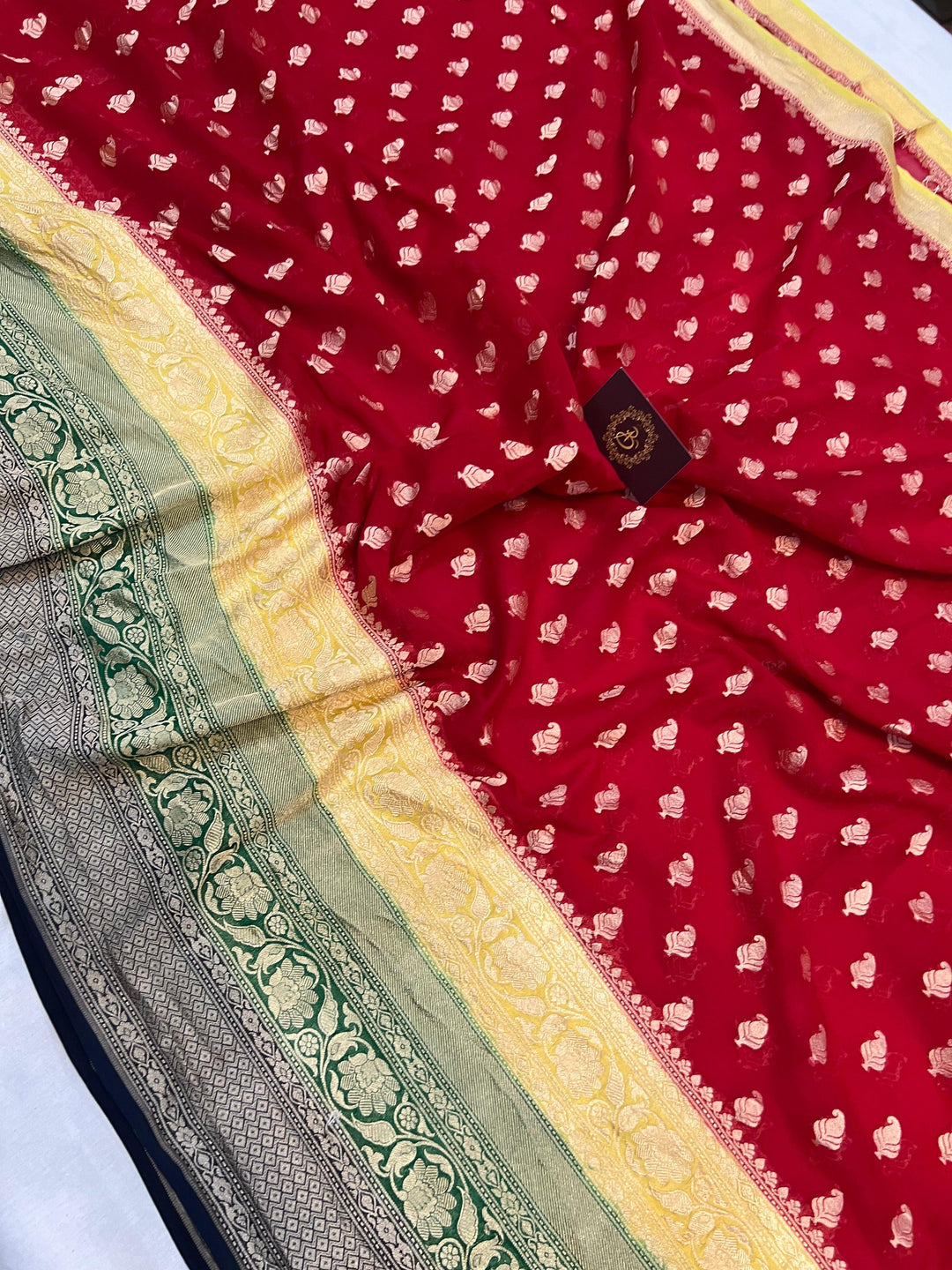 Red Banarasi Pure Khaddi Georgette Saree - Aura Benaras