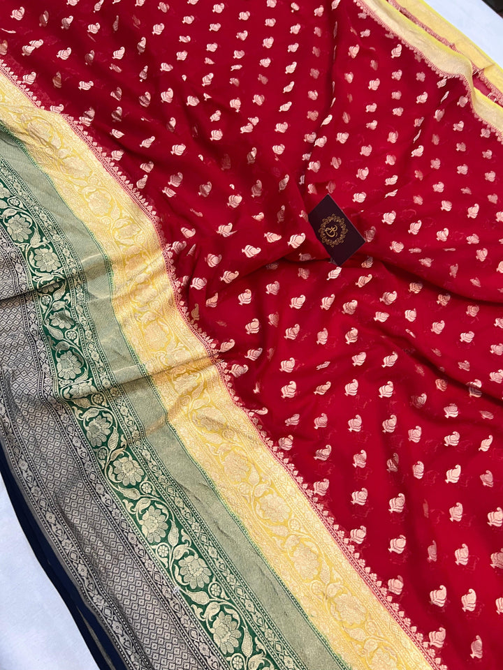 Red Banarasi Pure Khaddi Georgette Saree - Aura Benaras