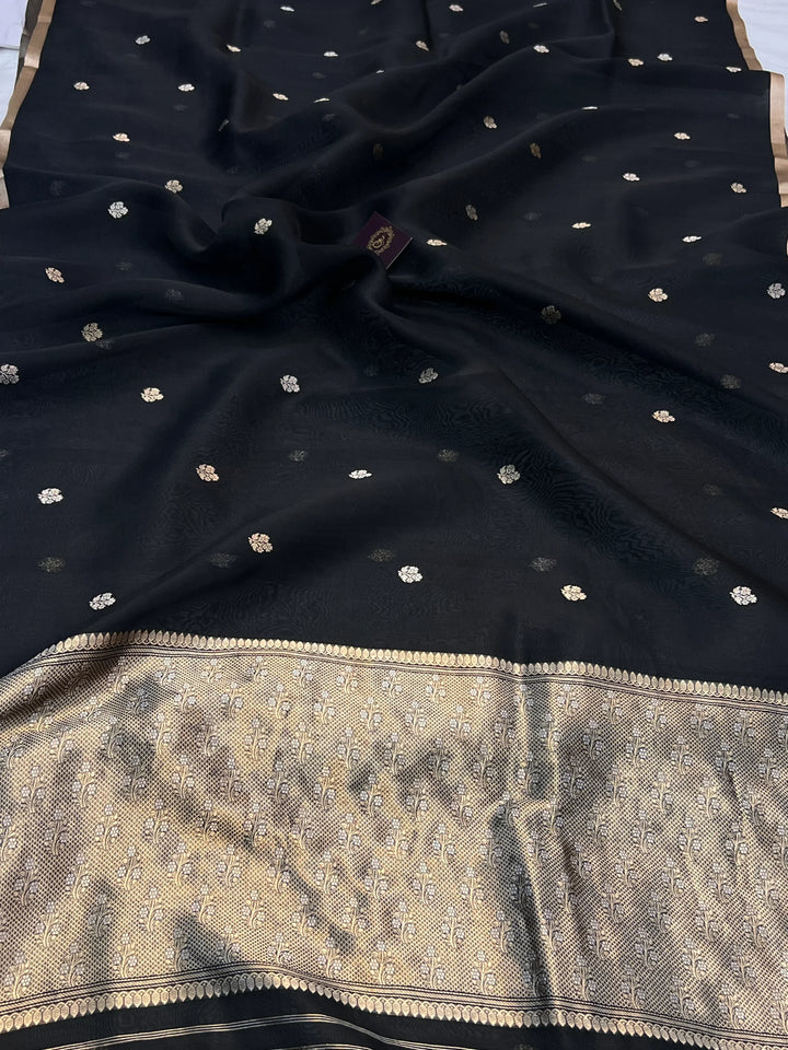 Black Pure Kora silk Handloom Banarasi Saree