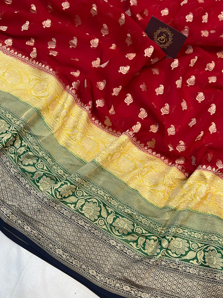 Red Banarasi Pure Khaddi Georgette Saree - Aura Benaras