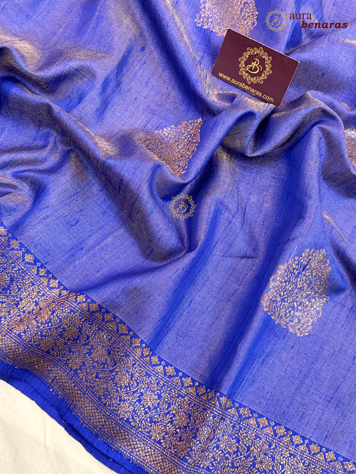 Royal Blue Raw Silk Banarasi Saree – Kadhwa Floral Design