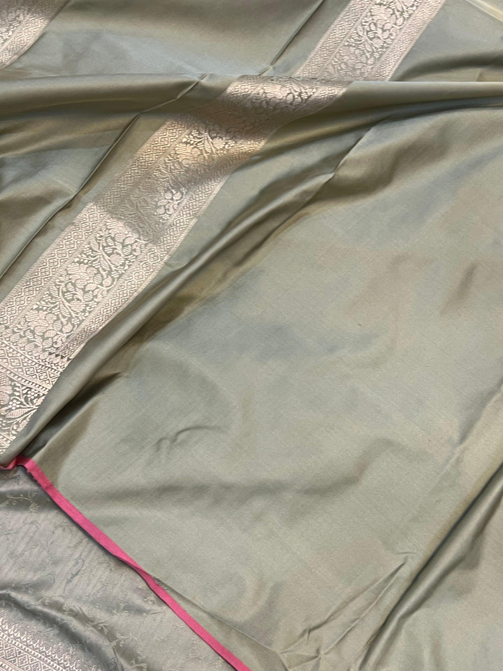 Grey Pure Banarasi Handloom Katan Satin Silk Saree - Aura Benaras