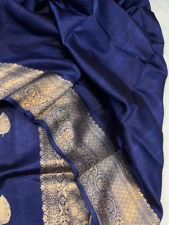 Navy Blue Pure Banarasi Handloom Silk Saree - Aura Benaras