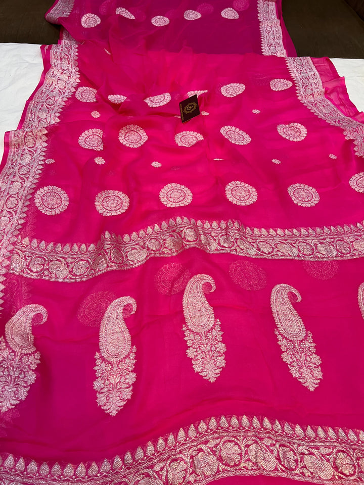 Pink Khaddi Chiffon Banarasi Handloom Saree