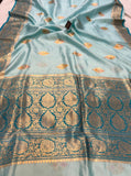 Pastel Blue Banarasi Handloom Kora Silk Saree - Aura Benaras