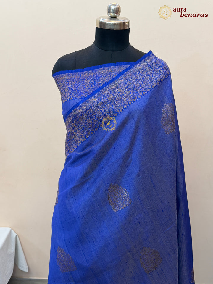 Royal Blue Raw Silk Banarasi Saree – Kadhwa Floral Design