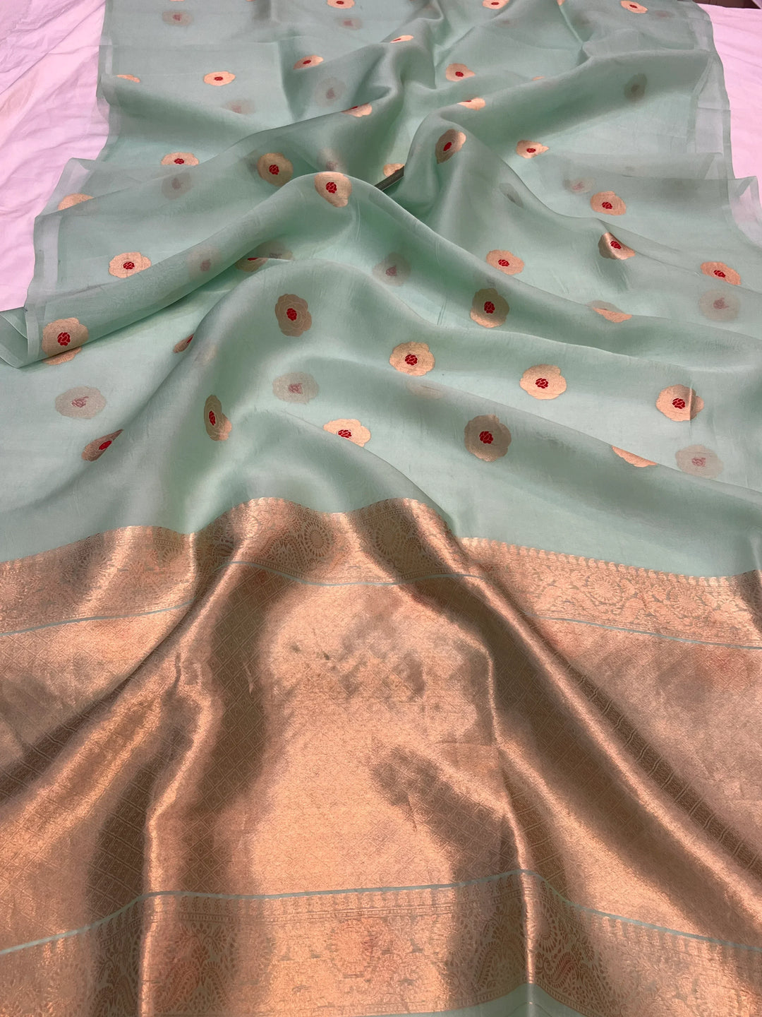 Pastel Green Pure Kora Silk Handloom Banarasi Saree