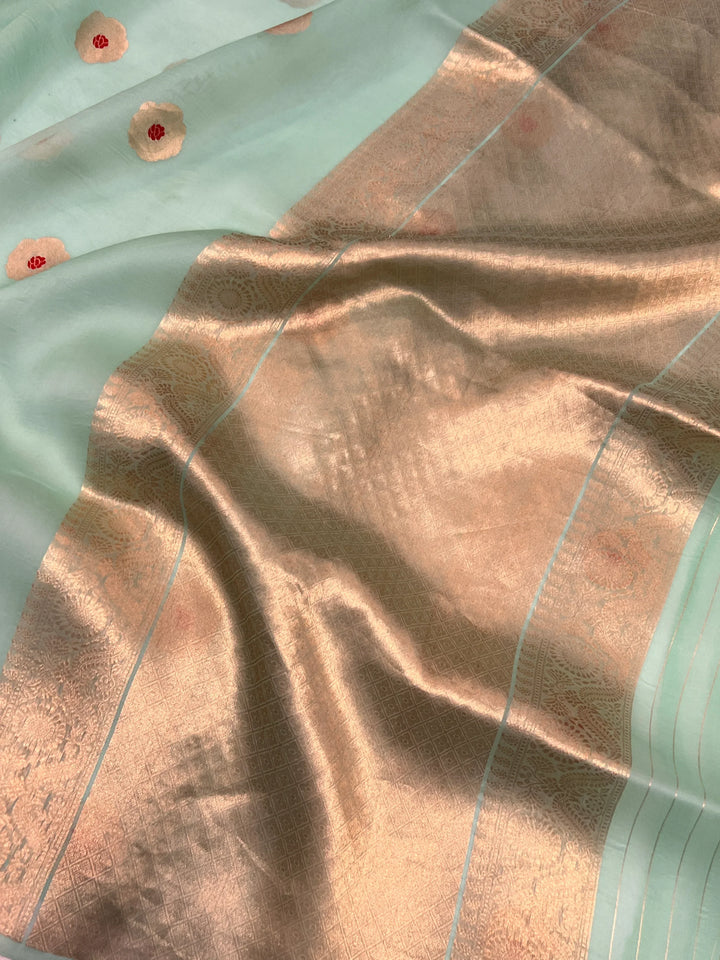Pastel Green Pure Kora Silk Handloom Banarasi Saree