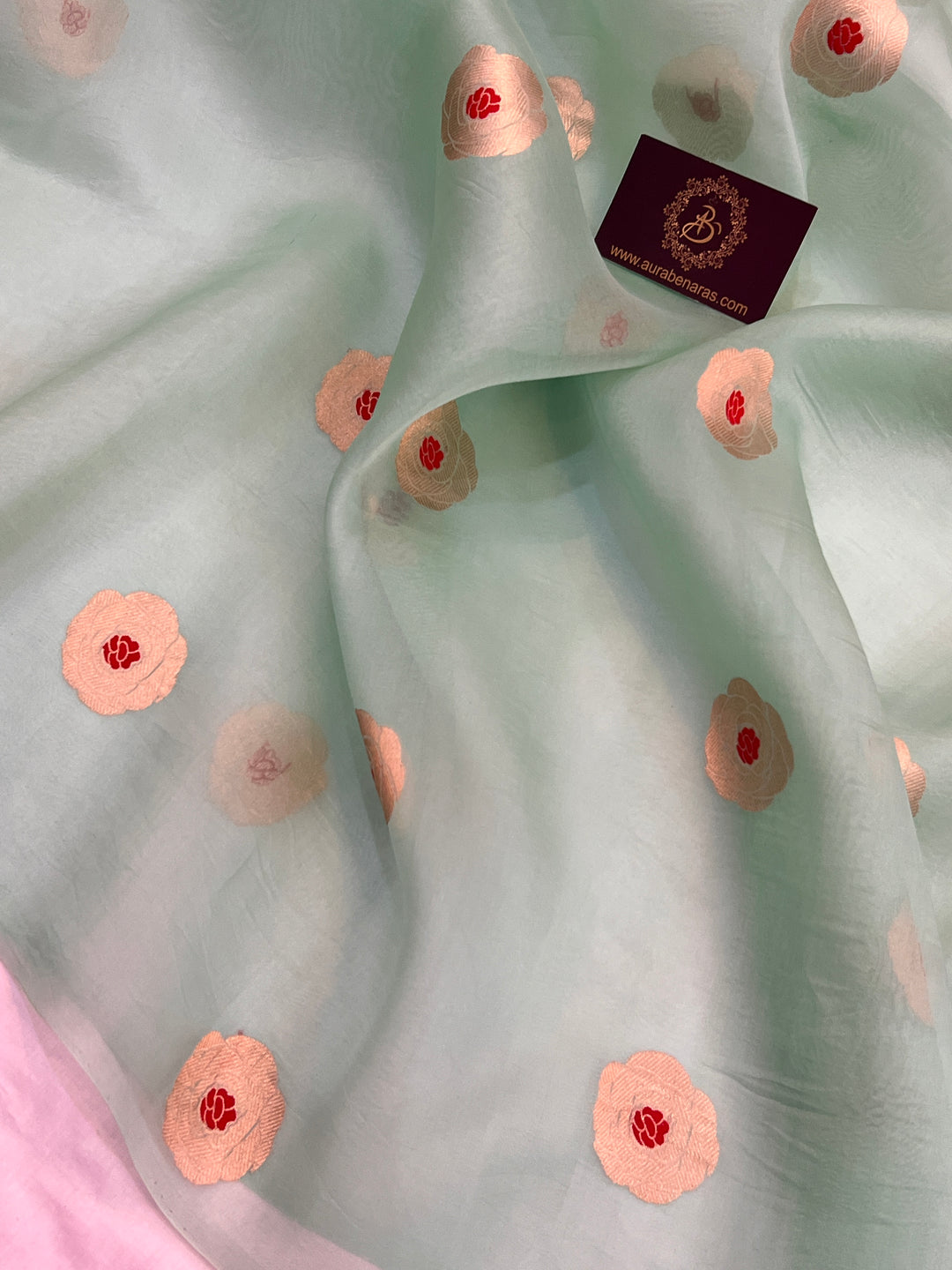 Pastel Green Pure Kora Silk Handloom Banarasi Saree