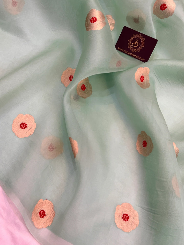 Pastel Green Pure Kora Silk Handloom Banarasi Saree