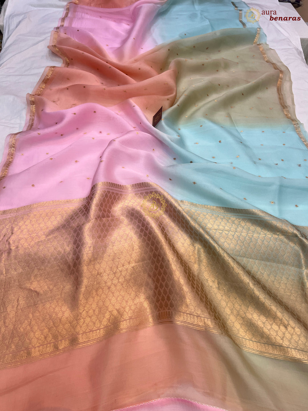 Multi shaded Kora Silk Banarasi Saree with Zari Butis 