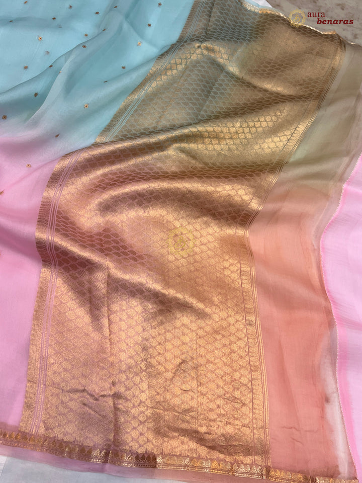 Multi shaded Kora Silk Banarasi Saree with Zari Butis 