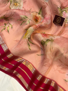 Pure Banarasi handloom Kora silk saree by Aura Benaras featuring floral digital print, designer banarasi border, and a matching Chiniya silk blouse piece—perfect for festive and elegant occasions.