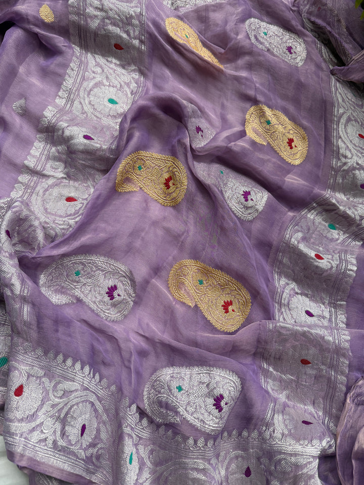Lavender Chiffon Tissue Silk Banarasi Saree with Sona Rupa