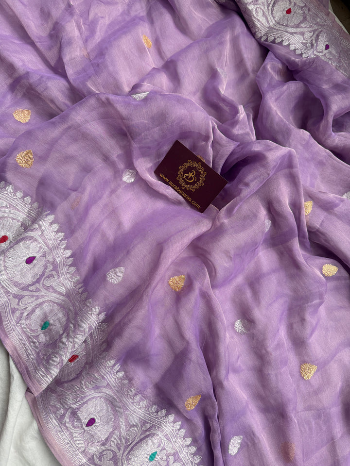 Lavender Chiffon Tissue Silk Banarasi Saree with Sona Rupa