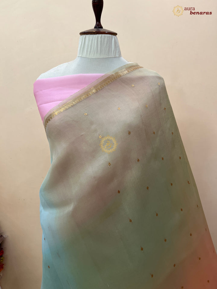 Multi shaded Kora Silk Banarasi Saree with Zari Butis 