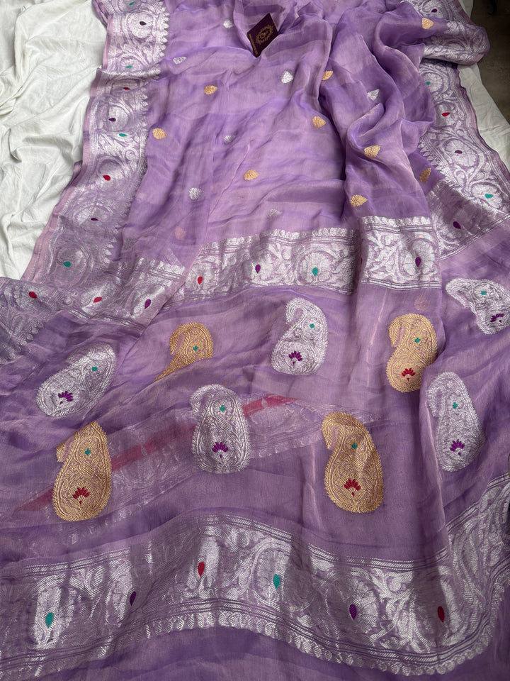 Lavender Chiffon Tissue Silk Banarasi Saree with Sona Rupa
