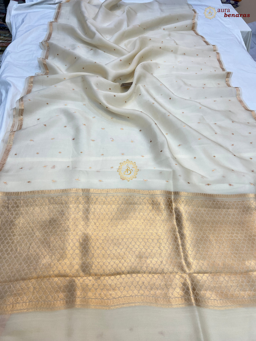 Cream Kora Silk Banarasi Saree with Zari Butis 