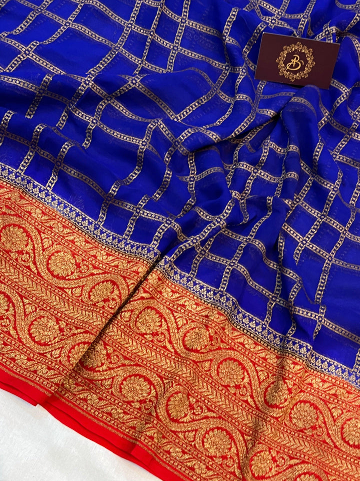 Royal Blue Pure Banarasi Khaddi Georgette Saree - Aura Benaras