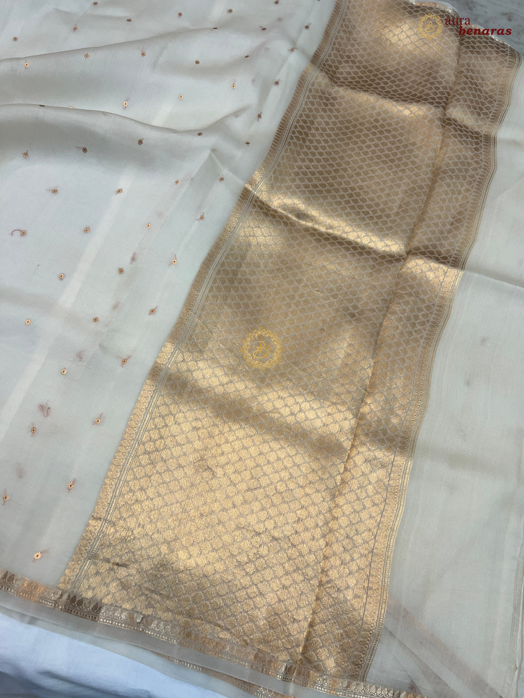 Cream Kora Silk Banarasi Saree with Zari Butis 
