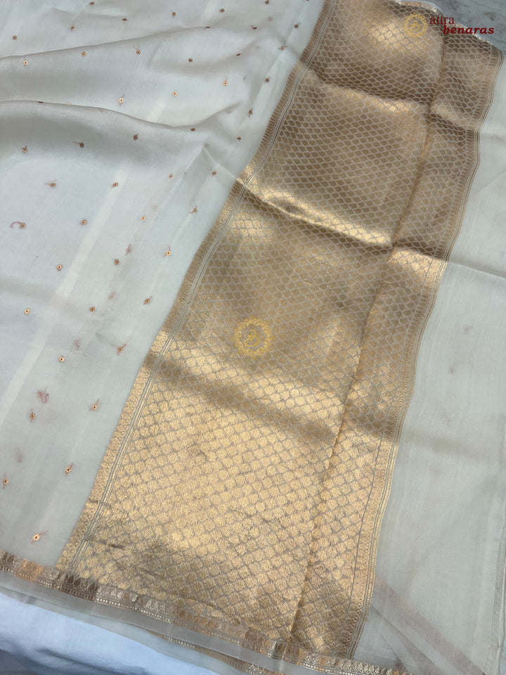 Cream Kora Silk Banarasi Saree with Zari Butis 