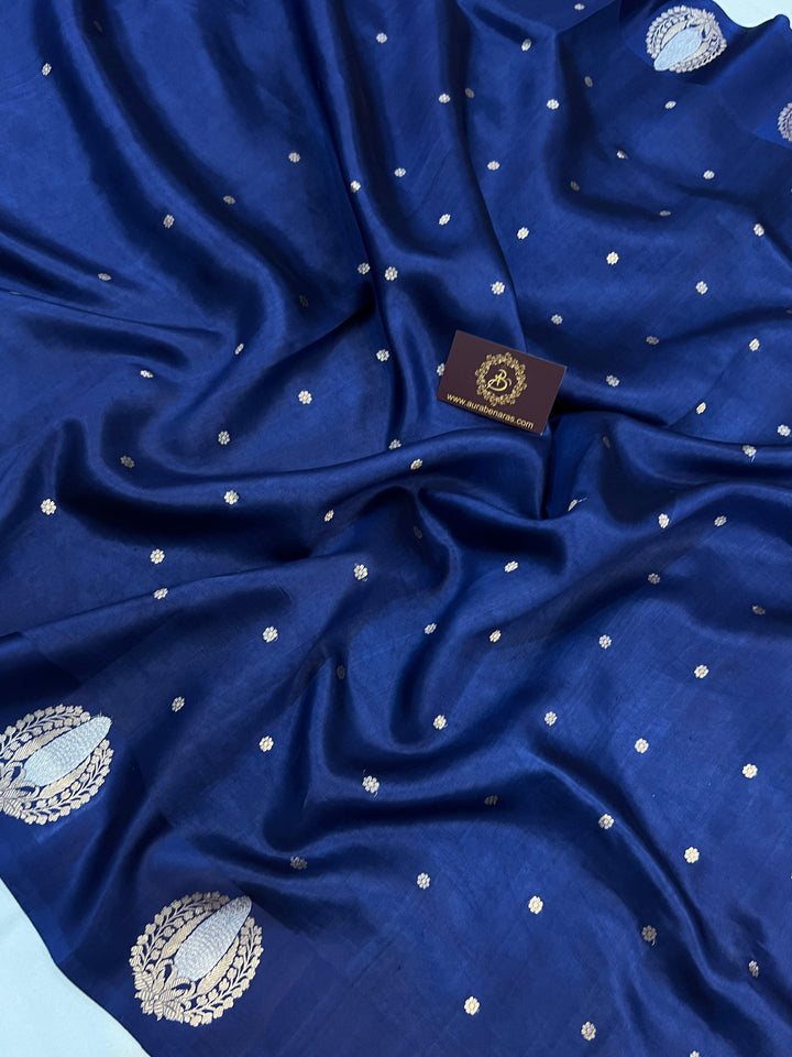 Navy Blue Pure Banarasi Handloom Silk Saree - Aura Benaras