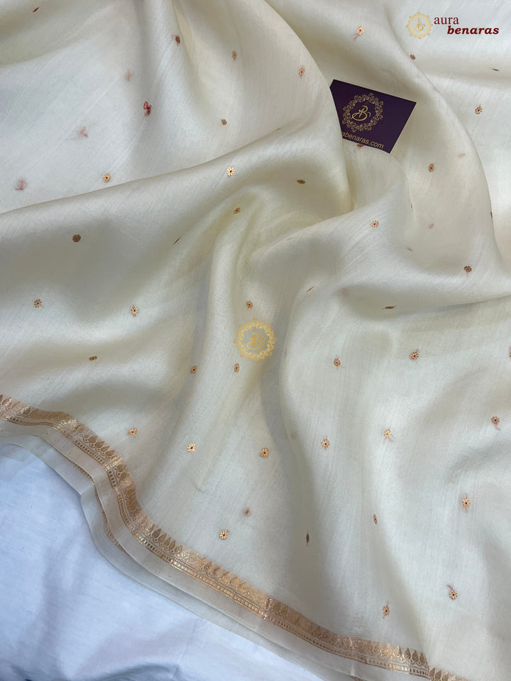 Cream Kora Silk Banarasi Saree with Zari Butis 