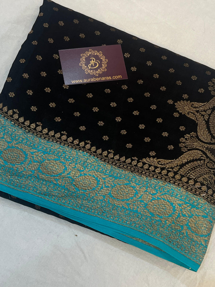 Black Pure Banarasi Khaddi Crepe Silk Saree - Aura Benaras