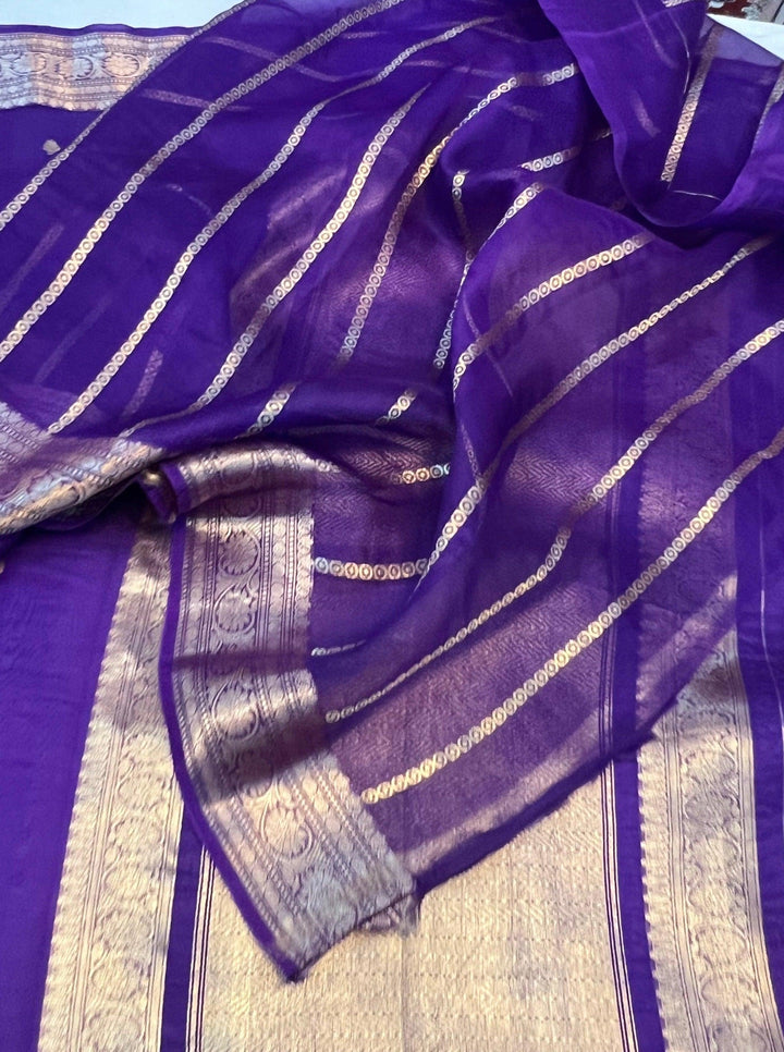 Purple Banarasi Handloom Kora Silk Saree - Aura Benaras