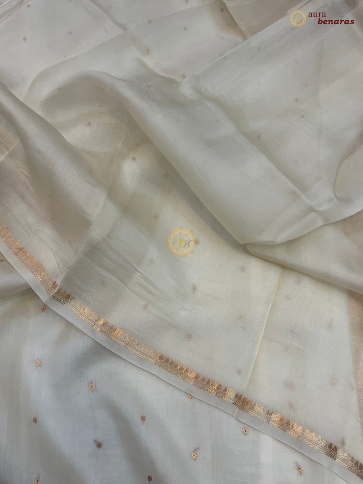 Cream Kora Silk Banarasi Saree with Zari Butis 