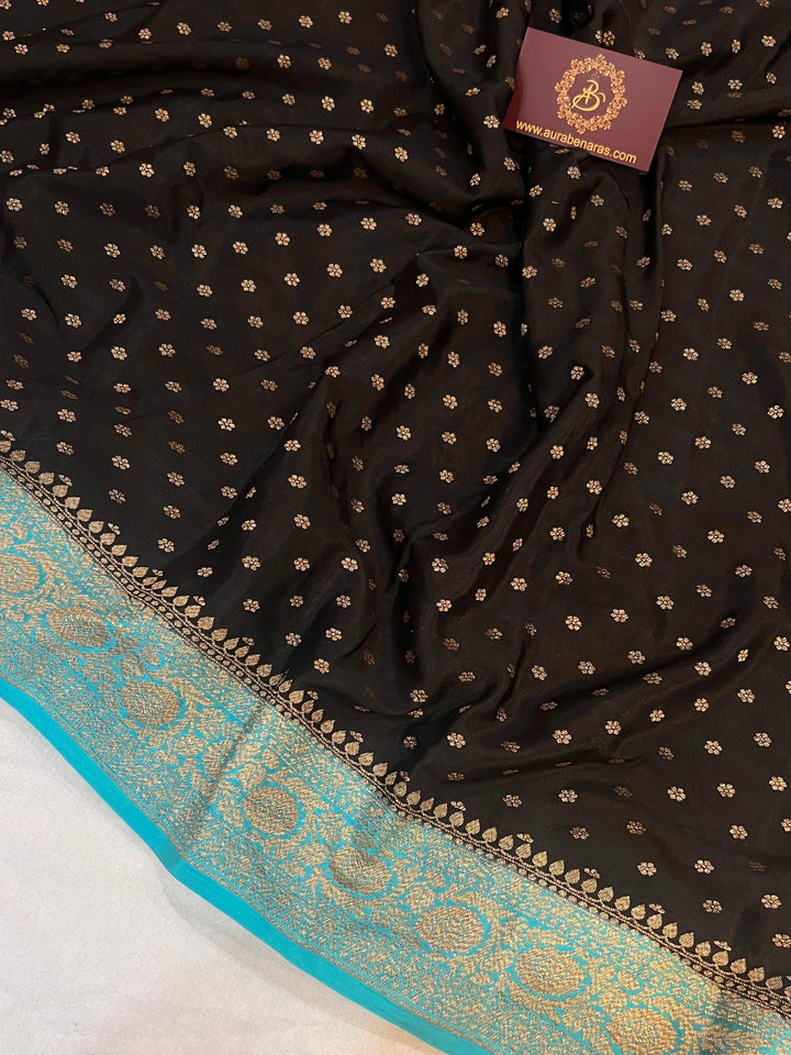 Black Pure Banarasi Khaddi Crepe Silk Saree - Aura Benaras