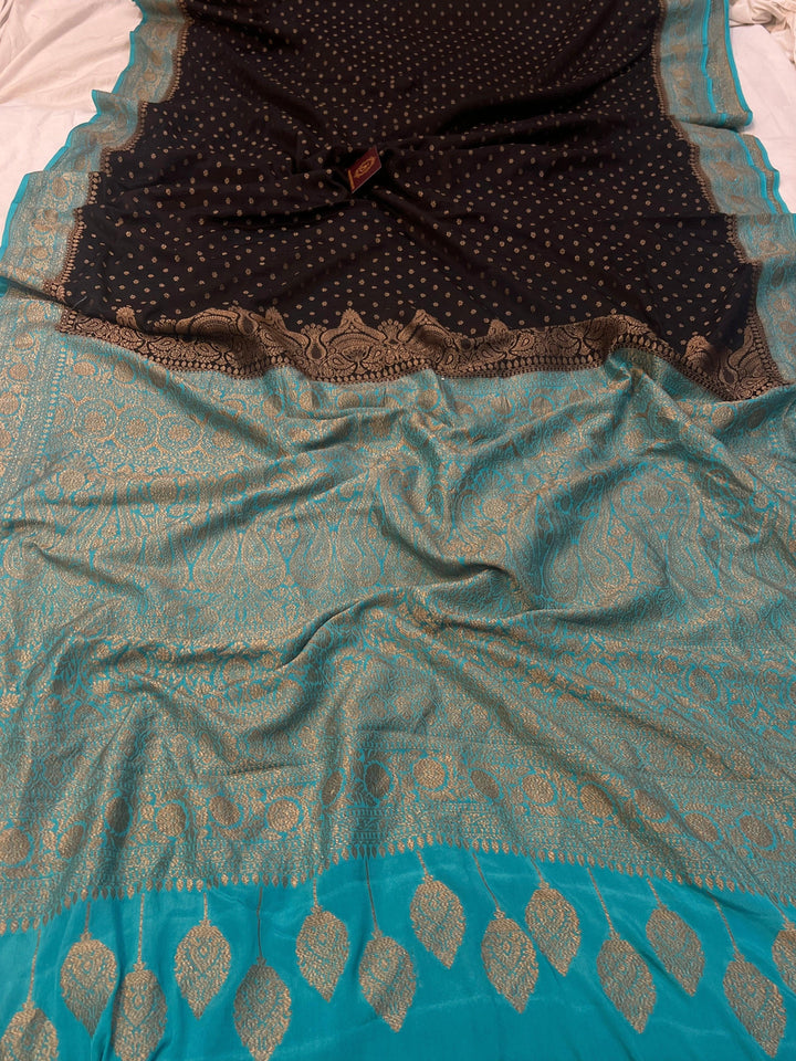 Black Pure Banarasi Khaddi Crepe Silk Saree - Aura Benaras