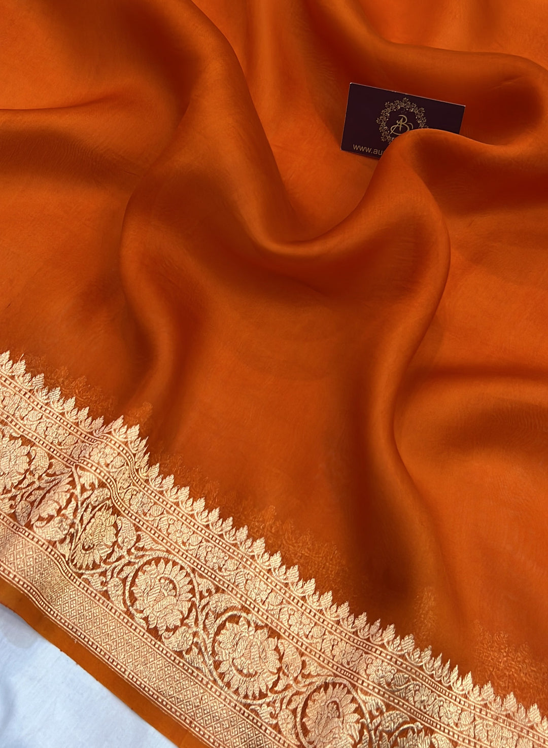 Rust Orange Pure Kora Silk Handloom Banarasi Saree