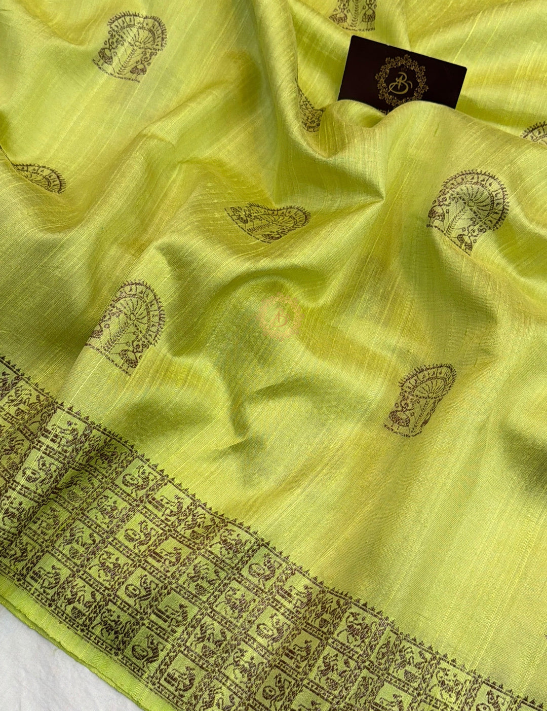Pista Green Raw Silk Banarasi Saree – Kadhwa Floral Design