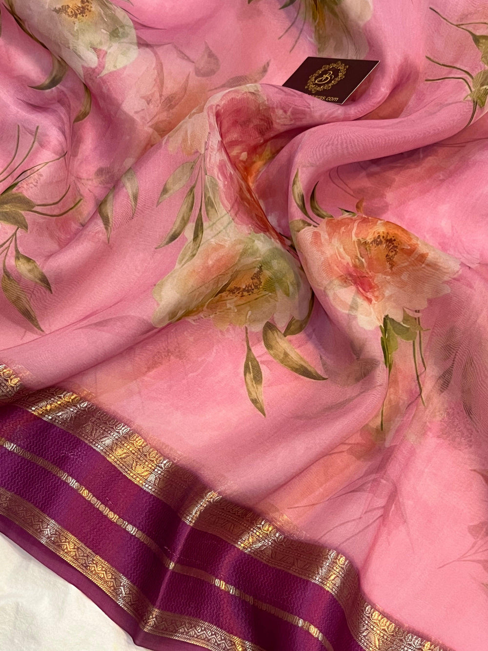 Pure Banarasi handloom Kora silk saree by Aura Benaras featuring floral digital print, designer banarasi border, and a matching Chiniya silk blouse piece—perfect for festive and elegant occasions.