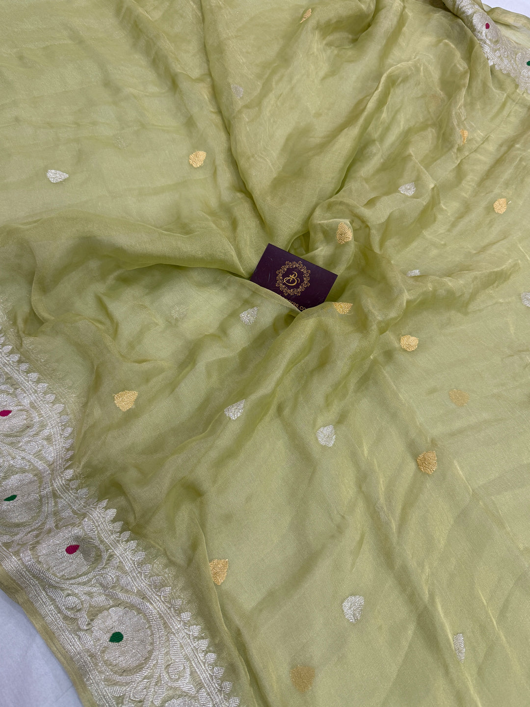 Pista Green Chiffon Tissue Silk Banarasi Saree with Sona Rupa