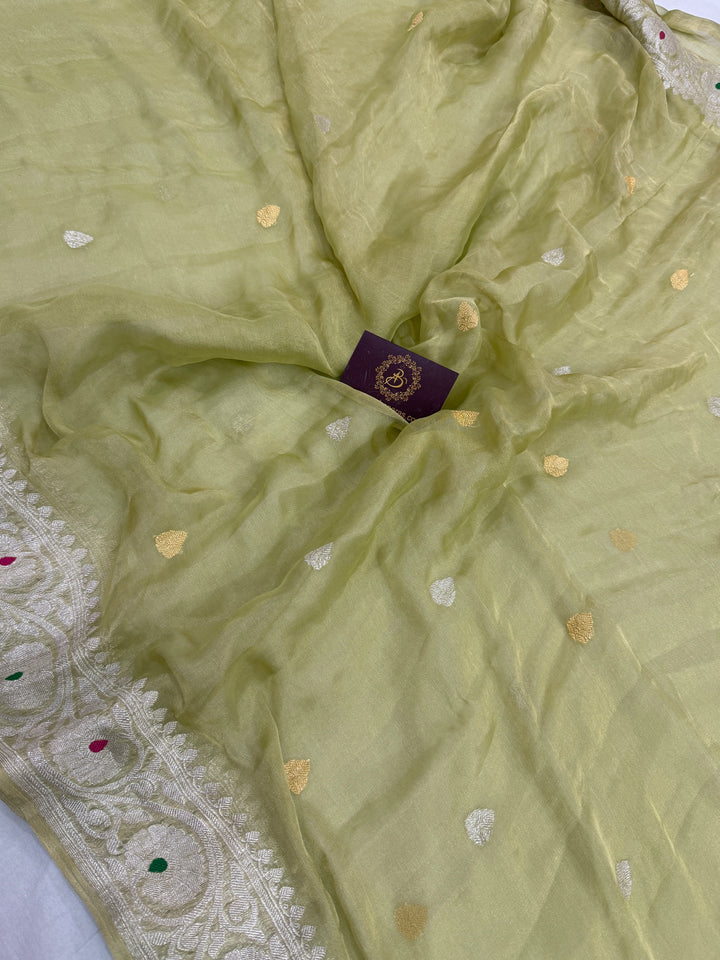 Pista Green Chiffon Tissue Silk Banarasi Saree with Sona Rupa
