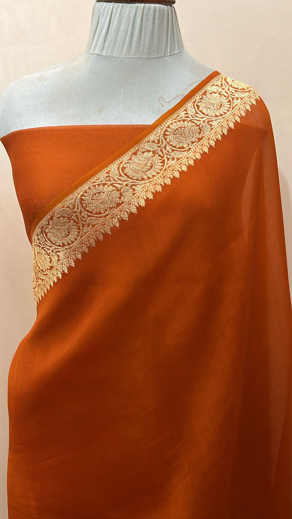 Rust Orange Pure Kora Silk Handloom Banarasi Saree