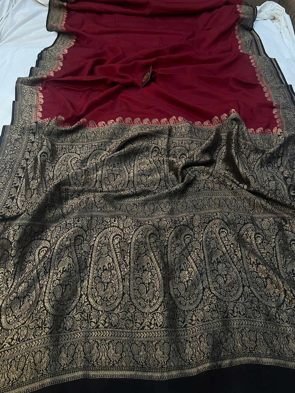 Maroon Pure Banarasi Khaddi Crepe Silk Saree - Aura Benaras