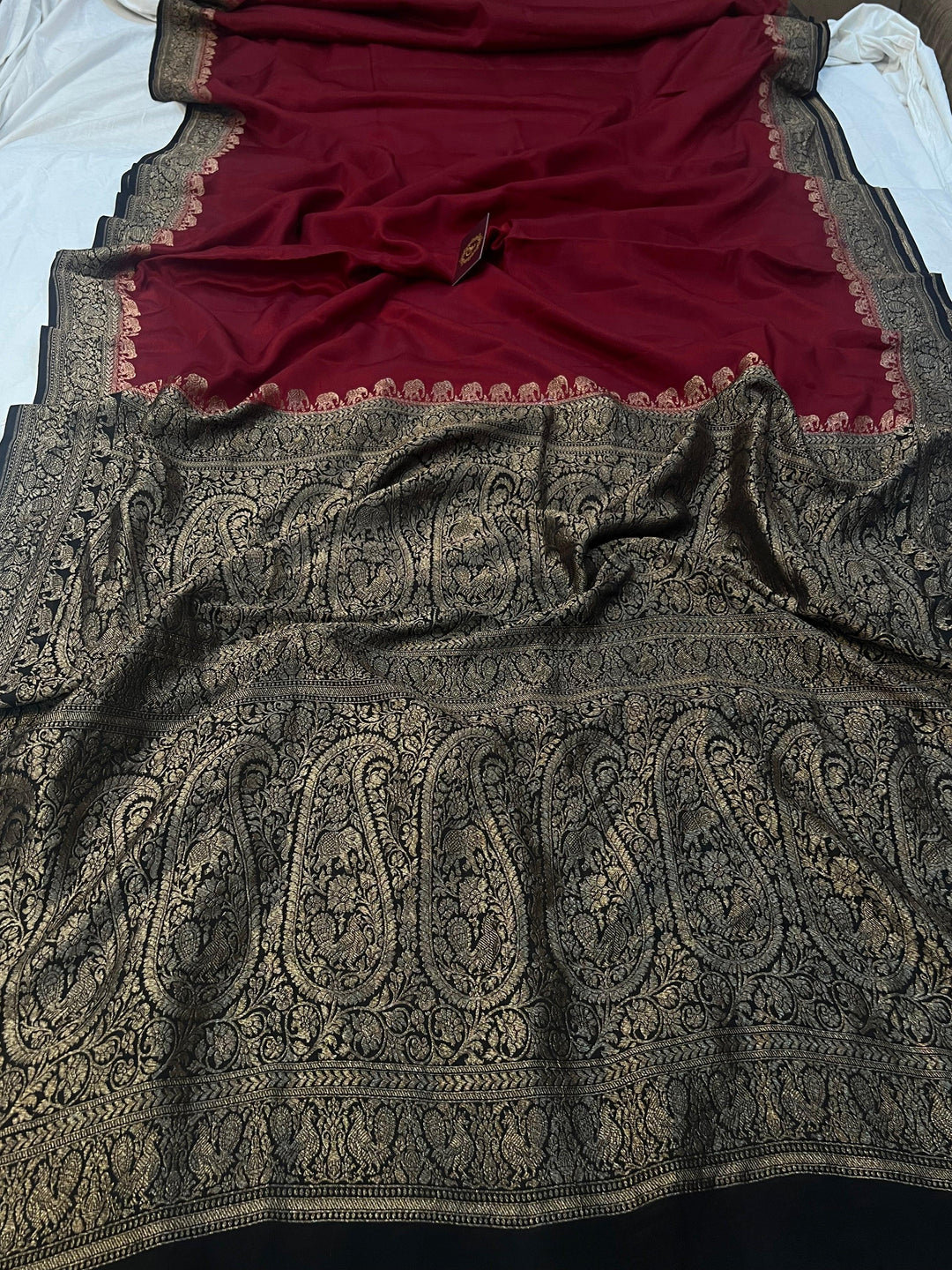 Maroon Pure Banarasi Khaddi Crepe Silk Saree - Aura Benaras