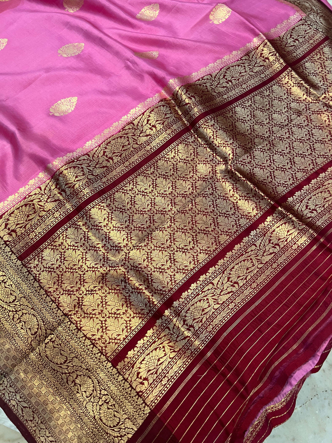 Pastel Pink Pure Banarasi Handloom Silk Saree - Aura Benaras