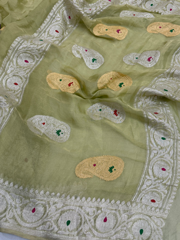 Pista Green Chiffon Tissue Silk Banarasi Saree with Sona Rupa